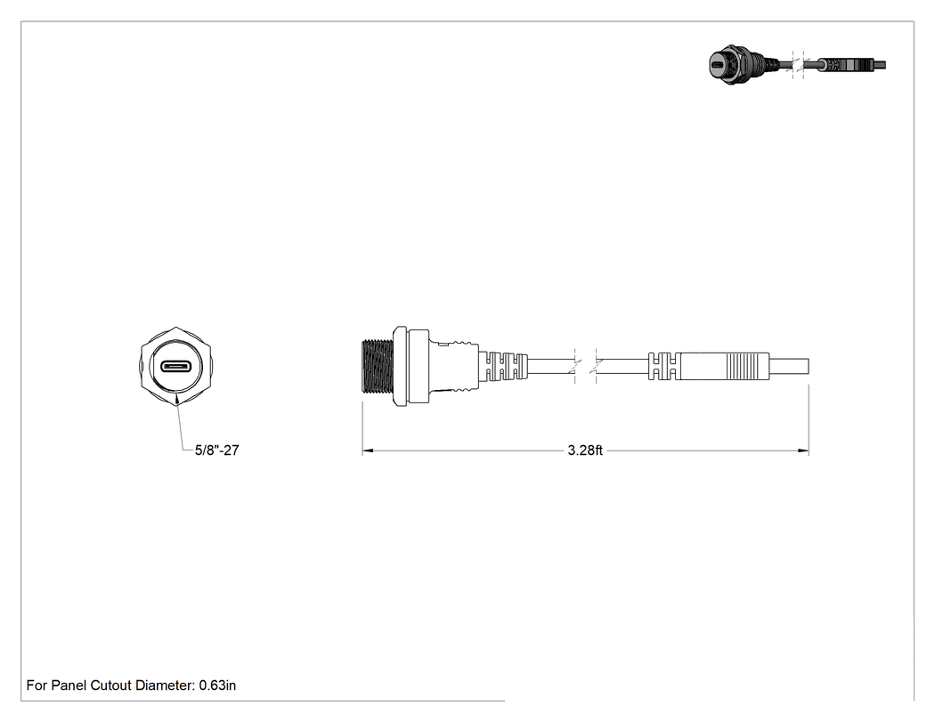 Teknik Çizim - Islak Ortam USB Kablosu, A Fiş x Vidalı Muhafazalı C Soket, 3' Uzunluk