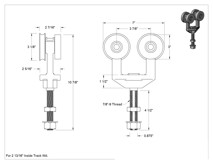 Teknik Çizim - Kapılar için Makaralı Ray için Cıvatalı Askı, Demir, 2-13/16" İç Ray Genişliği için, 10-7/8" Yükseklik