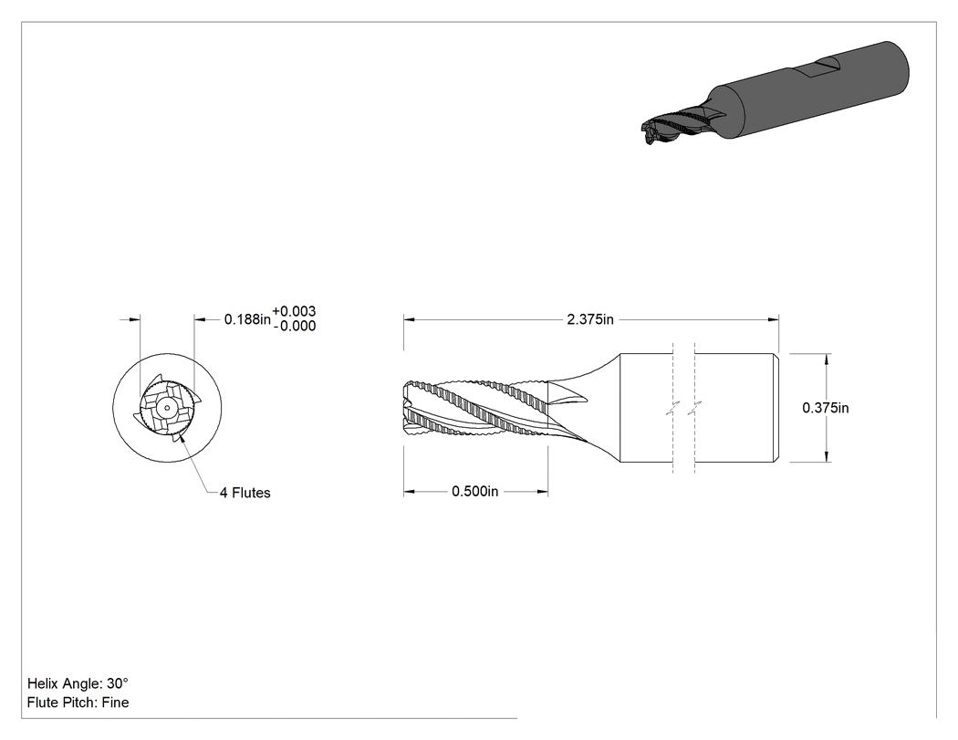 Teknik Çizim - Kaba İşleme Kobalt Çelik Kare Uçlu Freze, Kaplamasız, 4 Kanallı, 3/16" Freze Çapı, 2-3/8" Toplam Uzunluk, İnce