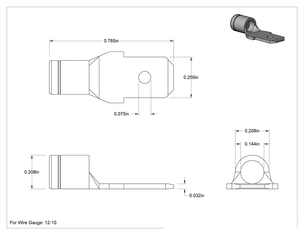 Teknik Çizim - Yalıtımsız Faston Terminaller, Erkek, Tek Sıkma, 12-10 AWG için, Çinko Kaplamalı Pirinç