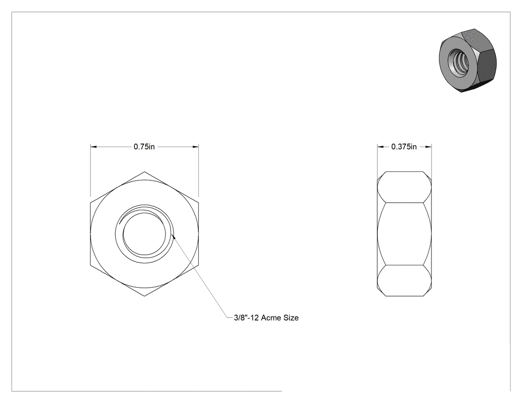 Teknik Çizim - 360 Pirinç Acme Altıköşe Somun, Sağ Yönlü, 3/8"-12 Diş Boyutu