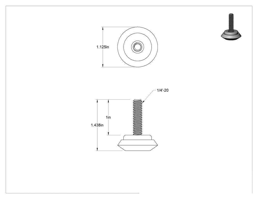 Teknik Çizim - PVC Tabanlı Sert Seviyelendirme Montaj Parçaları, 1" Uzunlukta 1/4"-20 Dişli Çinko Kaplı Çelik Saplama