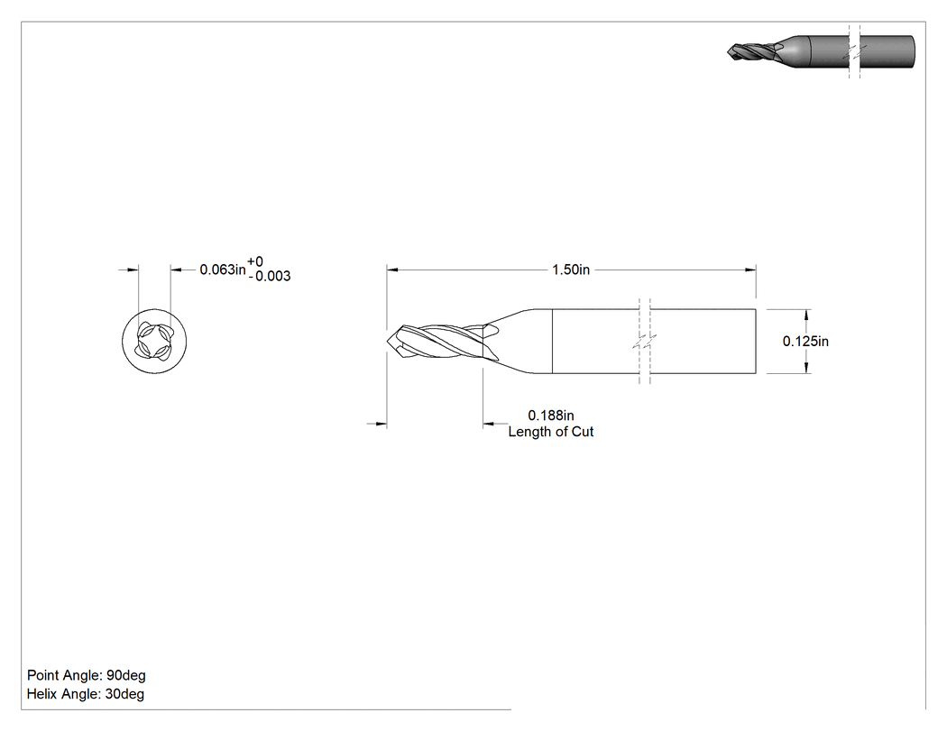 Teknik Çizim - 4 Kanallı Karbür Matkap/Freze Ucu, TiAlN Kaplamalı, 1/16" Freze Çapı
