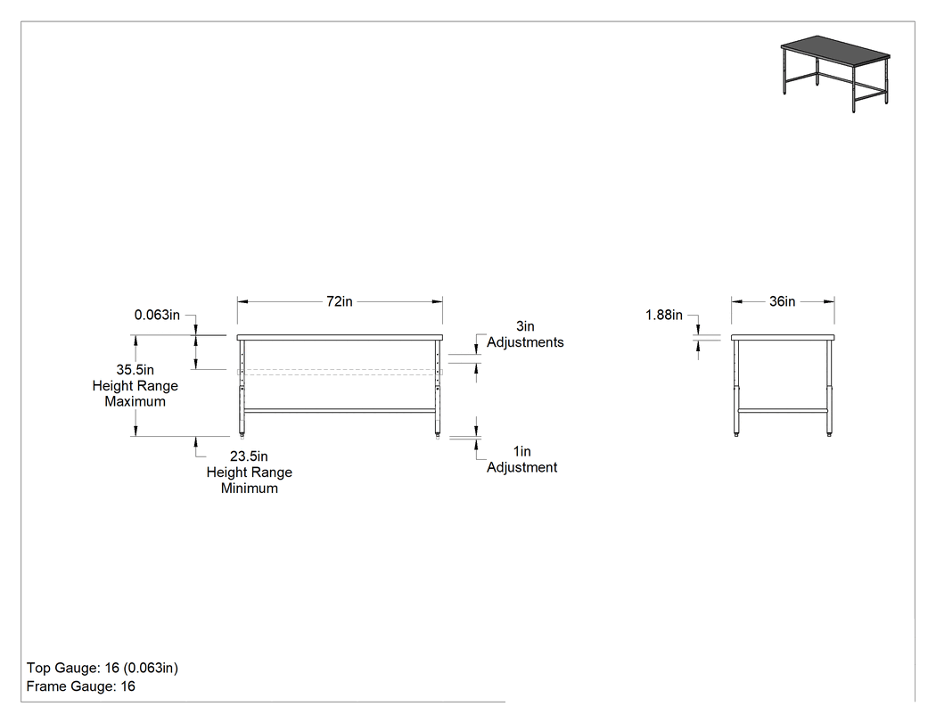 Teknik Çizim - Yüksekliği Ayarlanabilir Paslanmaz Çelik Masa, 24"-36" Yükseklik x 72" Genişlik x 36" Derinlik