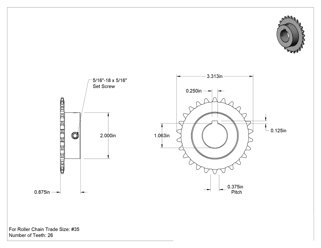Teknik Çizim - Çelik Tek Sıralı Dişli, ANSI 35 Makaralı Zincir ve 1-1/16" Mil Çapı için, 26 Diş