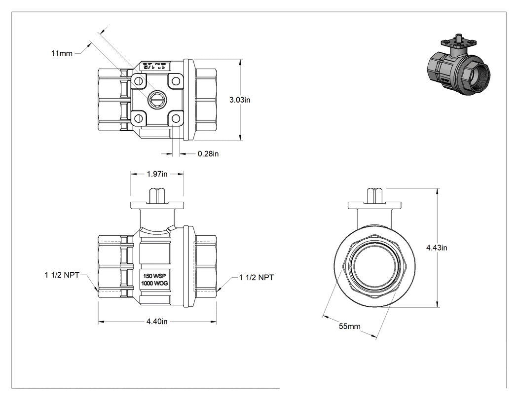 Teknik Çizim - Akış Ayar Valfi Gövdesi, 316 Paslanmaz Çelik, 1-1/2" NPT Dişi