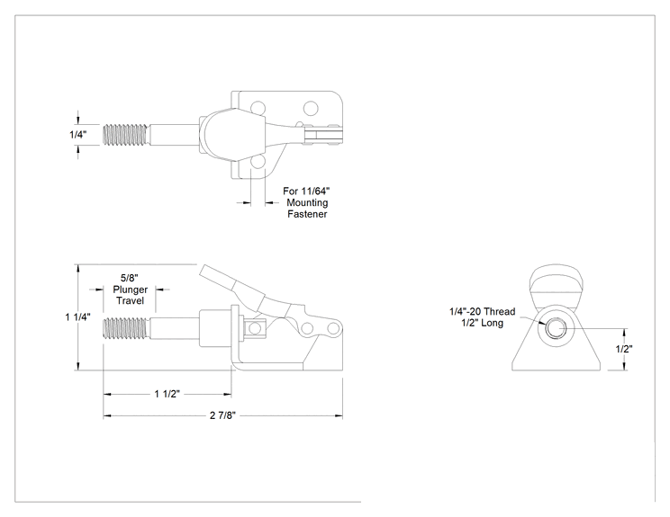Teknik Çizim - İt/Çek Mandal Kelepçe, Kompakt, Çelik, 100 lbs. Tutma Kapasitesi, 1-1/2" Uzunlukta Piston