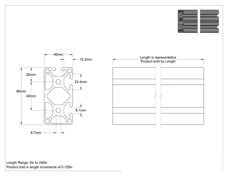 Teknik Çizim - T-Yivli Çerçeve Rayı, Çift Köşeli Üç Yivli Ray, 80 mm Yükseklik x 40 mm Genişlik