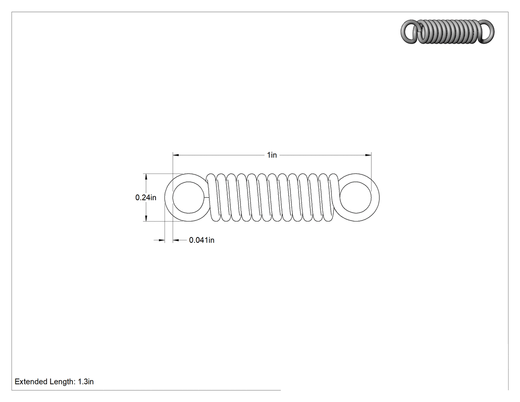 Teknik Çizim - Mil. Spec. Halka Uçlu Çekme Yayı, 1" Uzunluk, 0.240" Dış Çap, 0.041 inç Tel Çapı