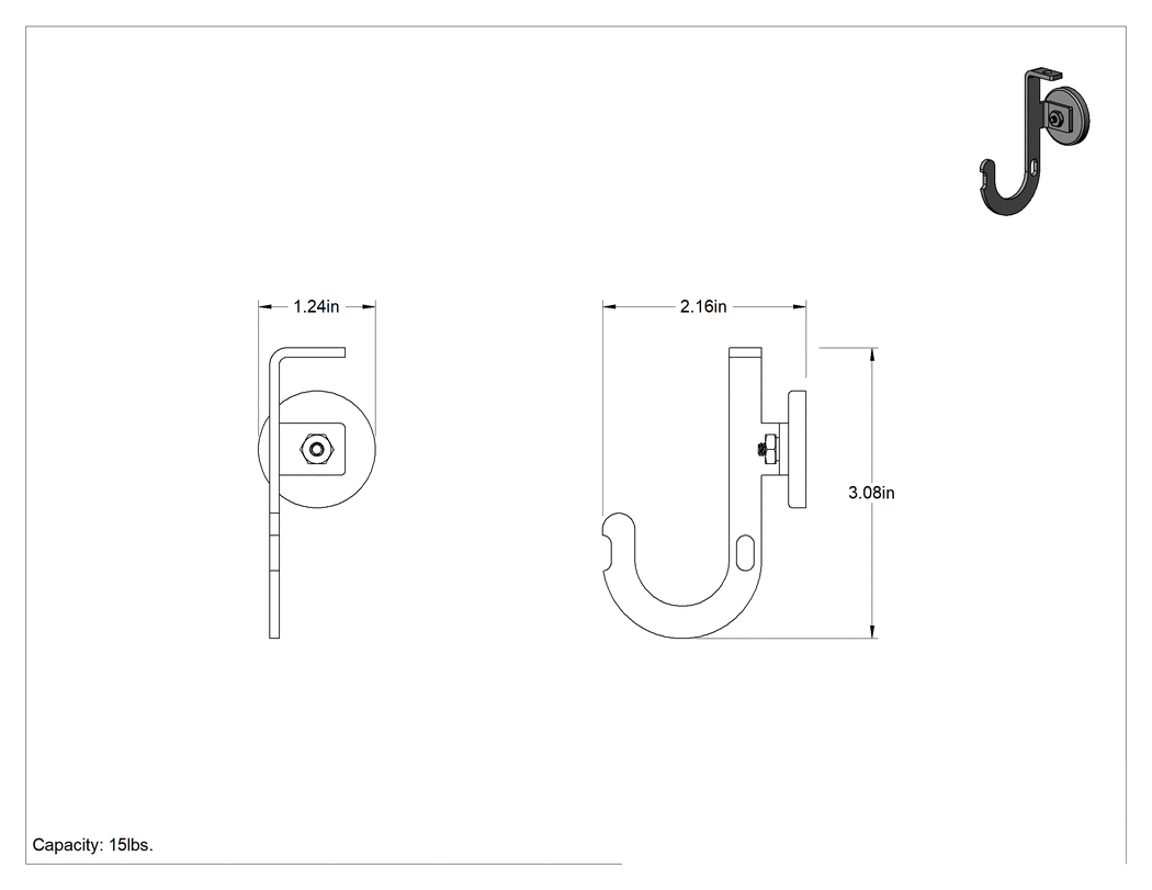 Teknik Çizim - Mıknatıslı Kanca, 1-1/4" Genişlik x 3-1/8" Yükseklik x 2-1/8" Derinlik