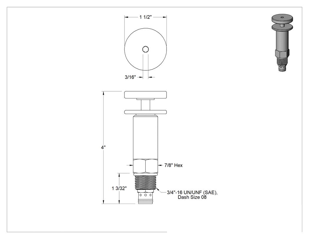 Teknik Çizim - Vidalı Hidrolik Basınç Tahliye Vanaları, 3/4"-16 Diş