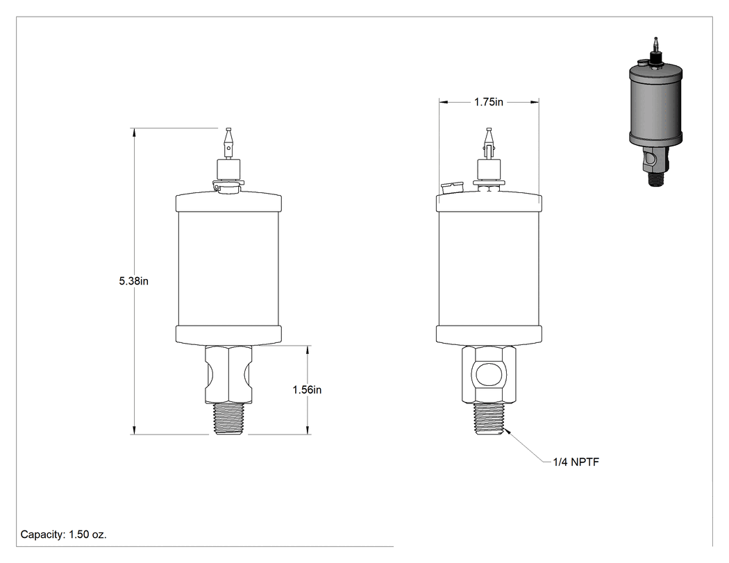 Teknik Çizim - Akış Ayar Valfli Yağ Dağıtıcı, Maksimum 250°F, 1/4 NPTF Erkek Çıkış, 1 1/2 FL oz