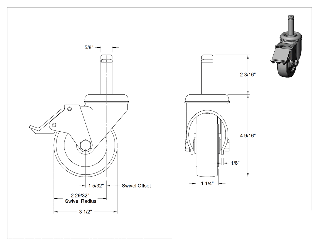 Teknik Çizim - Sürtünmeli Tutuşlu Mil Dönüşlü Tekerlek, Segmanlı, Total Lock ve 3-1/2" Çapında Gri Kauçuk Tekerlek