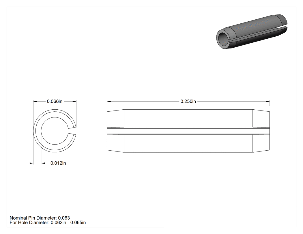 Teknik Çizim - Yivli Yay Pimi, 400 Serisi Paslanmaz Çelik, 1/16" Çap, 1/4" Uzunluk
