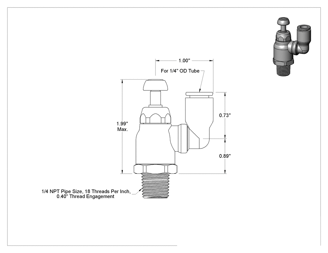 Teknik Çizim - Esnek Montajlı Hava Akış Kontrol Vanası, 1/4 NPT Erkek Giriş x 1/4" Push-Connect Dişi Çıkış