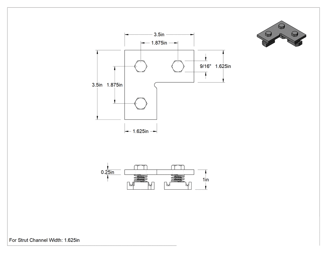 Teknik Çizim - Strut Kanalı Braketi, Dirsek, Çinko Kaplı Çelik, 3-1/2" Uzunluk, Bağlantı Elemanlı