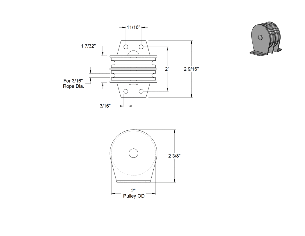 Teknik Çizim - Kaldırma için Tel Halat Kasnağı, Montajlı, Çift Oluk, 3/16" Çaplı Halat için