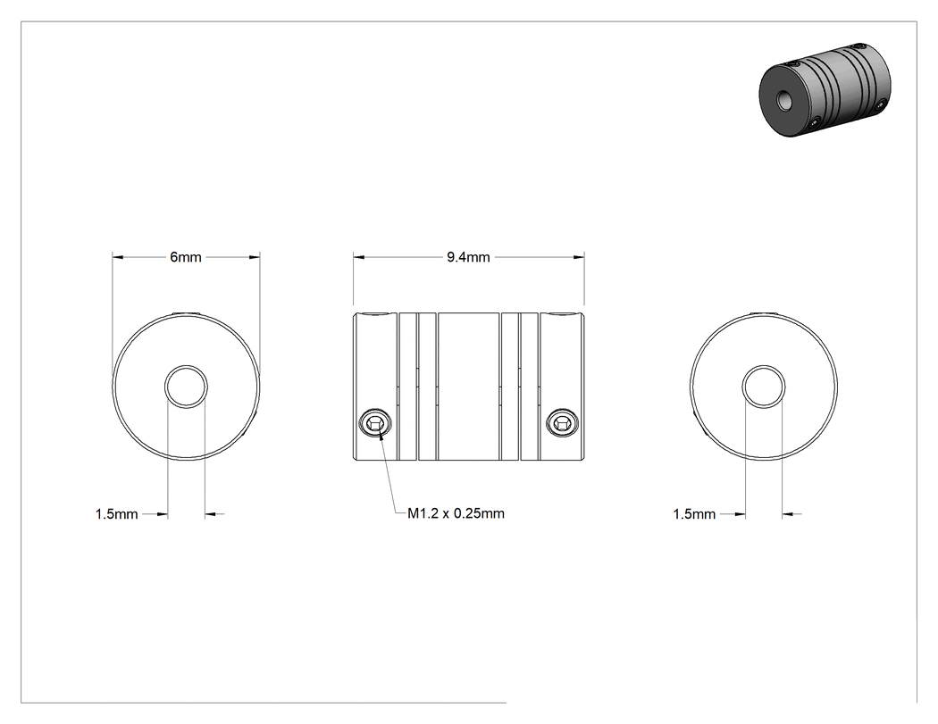 Teknik Çizim - Setskur Hassas Esnek Mil Kaplinleri, Paralel Kesim, 1.5 mm x 1.5 mm Mil Çapı için, 9.4 mm Uzunluk