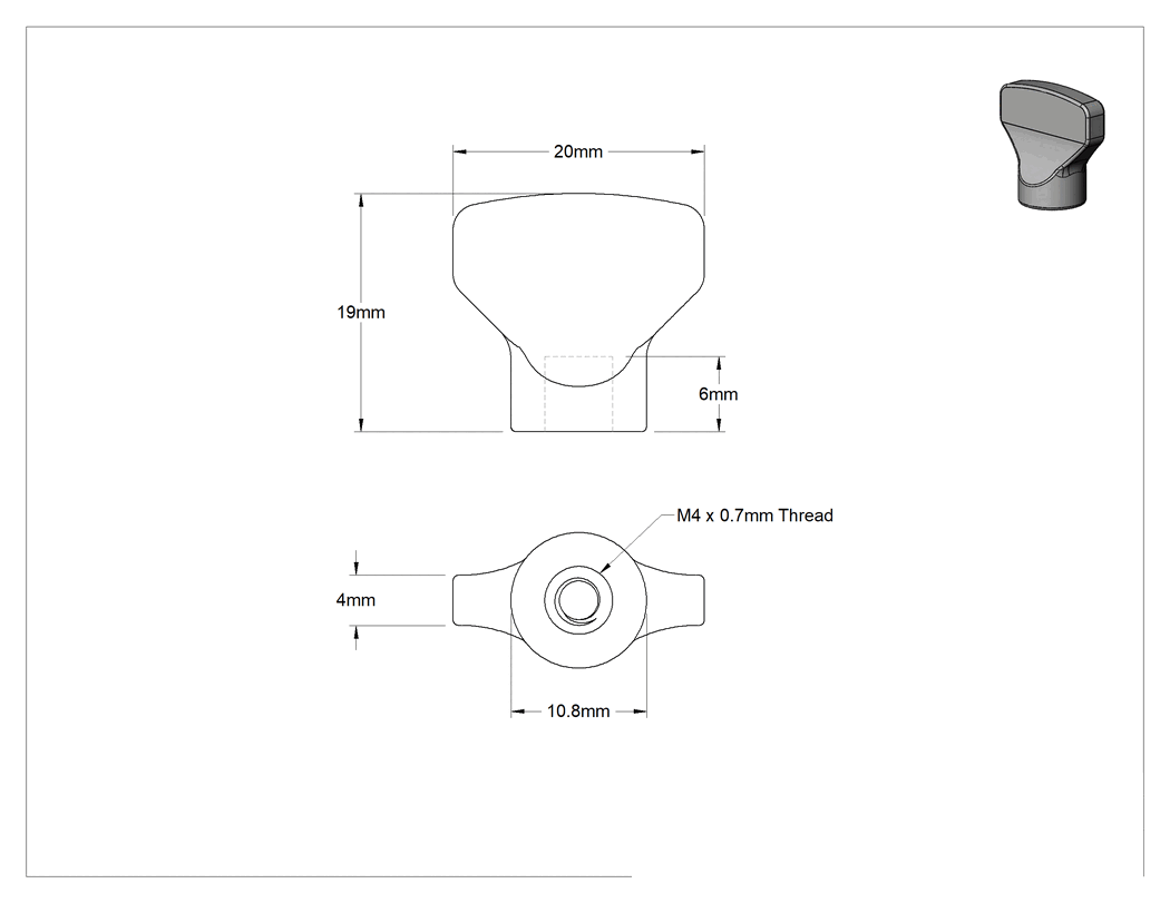Teknik Çizim - Hijyenik Kürek Başlı Parmak Somunu, Standart, M4 x 0.70 mm Diş Boyutu, 6 mm Diş Derinliği