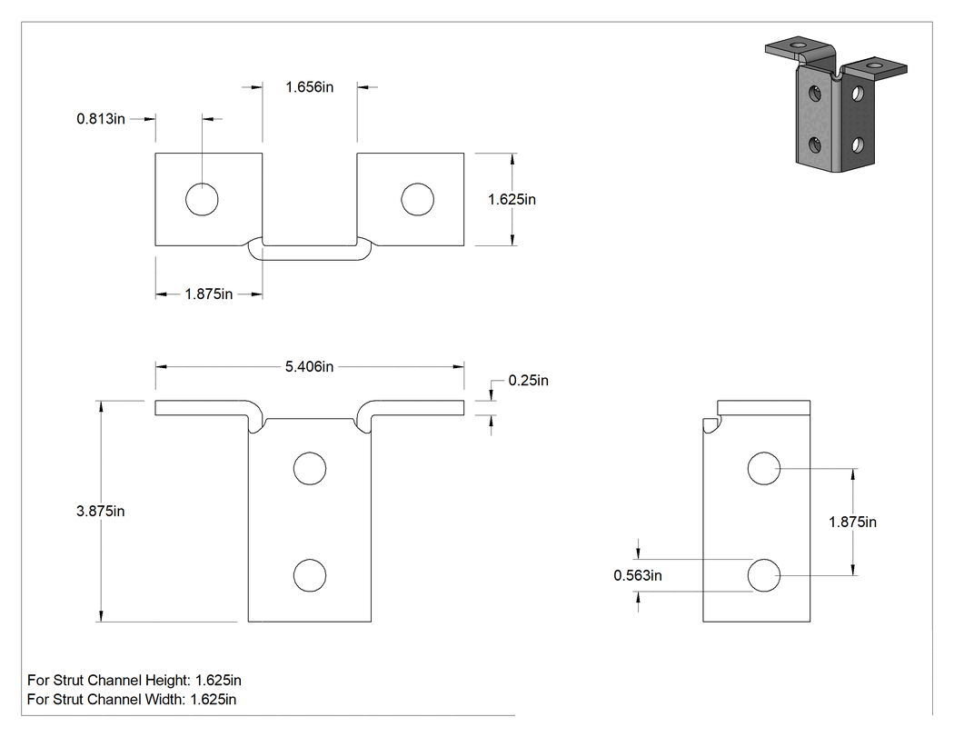 Teknik Çizim - Strut Kanalı Braketi, Kanat, Toz Boyalı Çelik, 5-13/32" Uzunluk