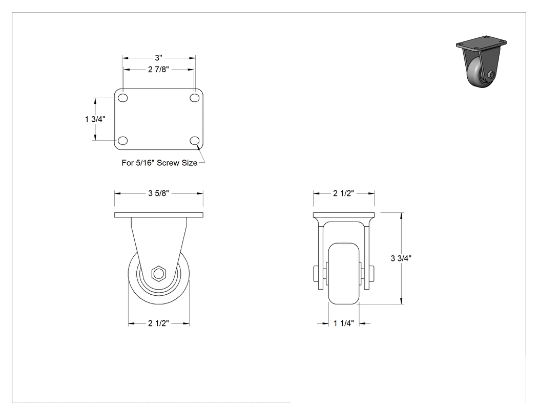 Teknik Çizim - Creston Tekerlek, Sabit, 2-1/2" Çapında Tekerlek, 3-5/8" x 2-1/2" Montaj Plakası