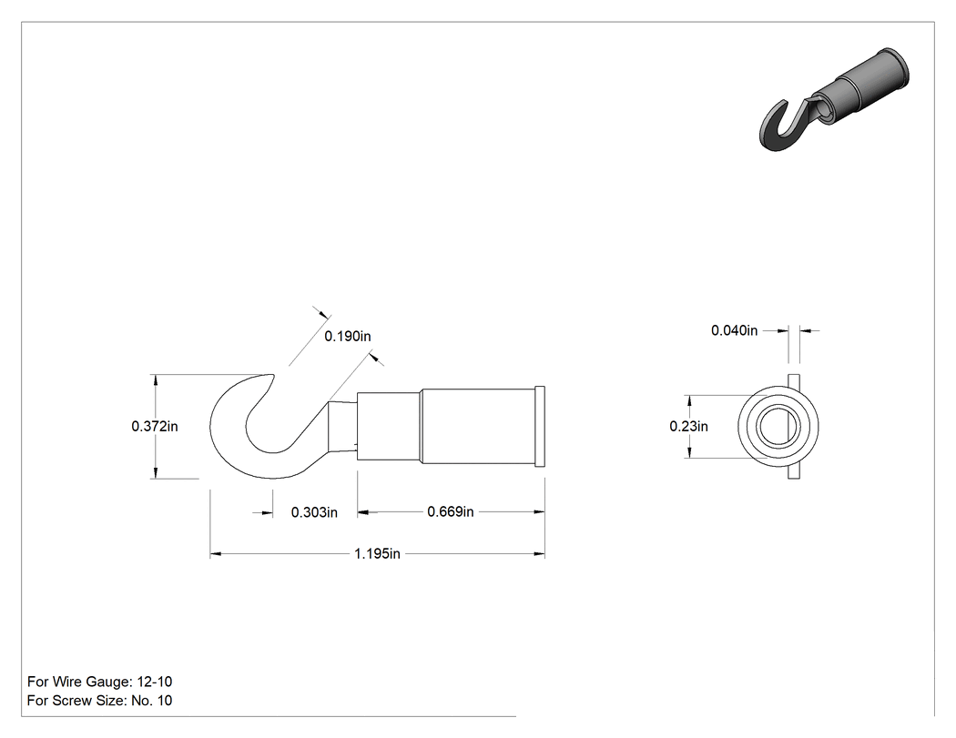 Teknik Çizim - Kanca Terminalleri, Naylon Yalıtım, 12-10 AWG ve 10 Numaralı Vida Boyutu için