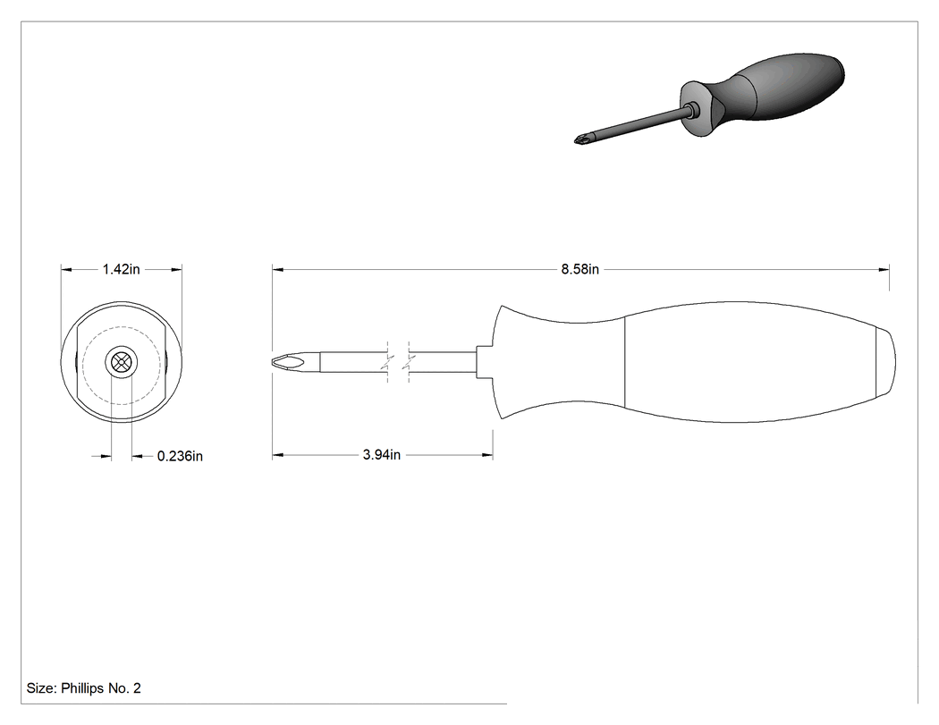 Teknik Çizim - Tornavida, 2 Numara Pozidriv®, 8-1/2" Toplam Uzunluk