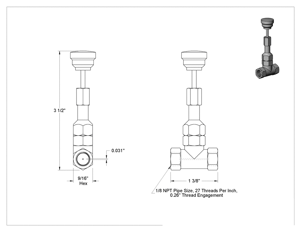 Teknik Çizim - Yüksek Hassasiyetli Akış Ayar Valfi, Pirinç Gövde, 1/8 NPT Dişi, 0.02 Akış Katsayısı