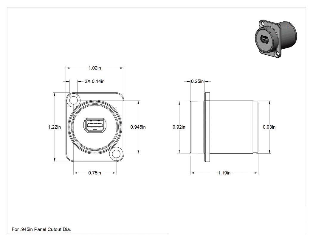 Teknik Çizim - Panele Monte Displayport Konektörü, Mini Displayport Dişi x Mini Displayport Dişi