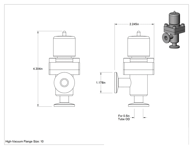 Teknik Çizim - 1/2" Dış Çaplı Hızlı Kelepçeli Yüksek Vakum Bağlantısı için Kademeli Açma/Kapama Valfi