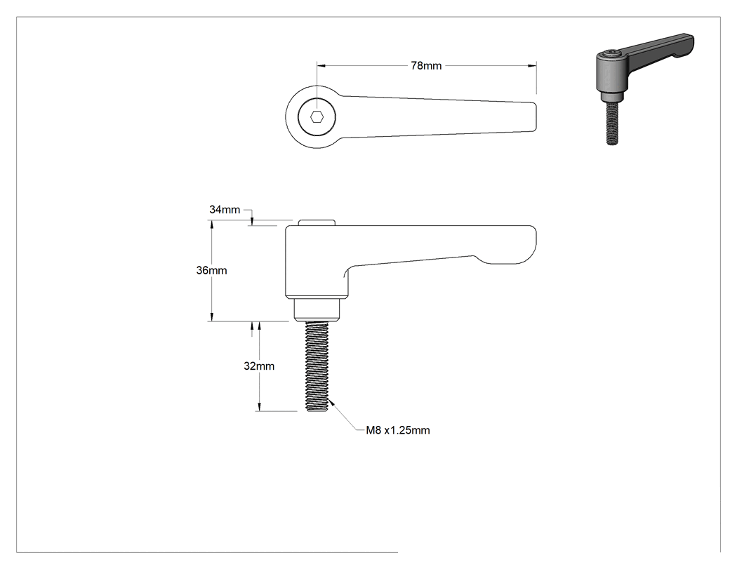 Teknik Çizim - Düşük Profilli Ayarlanabilir Tutamak, M8 x 1.25 mm Dişli 32 mm Uzunlukta Saplama, Siyah Naylon