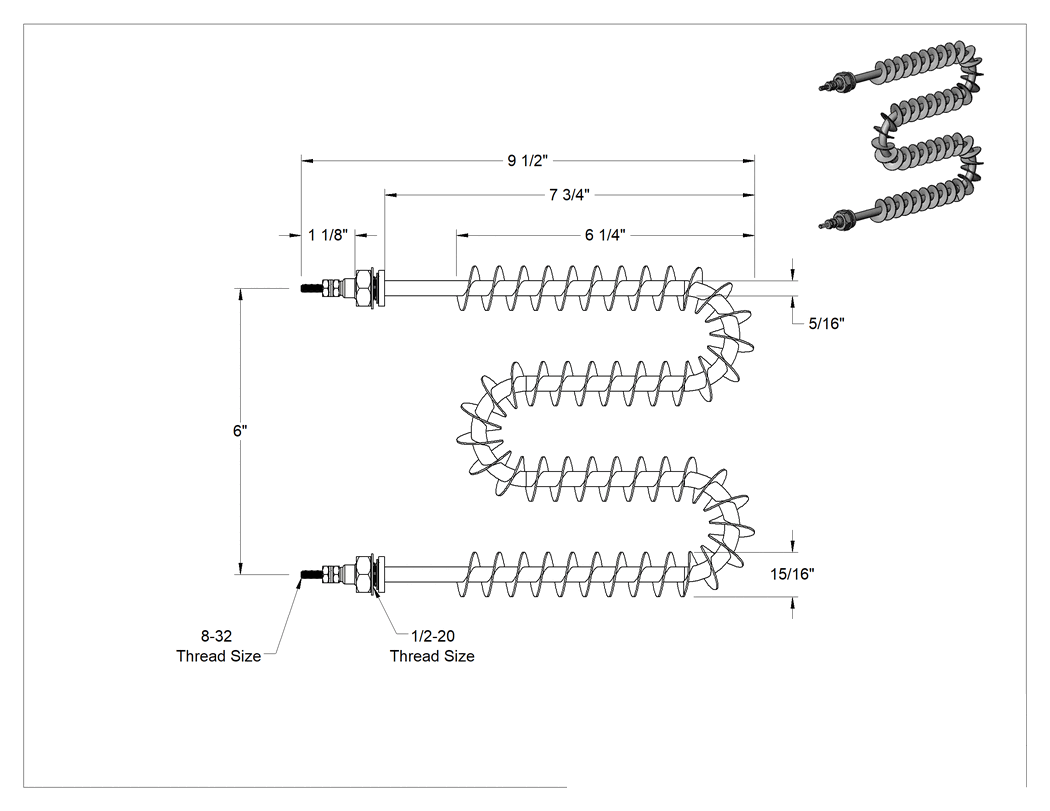 Teknik Çizim - Kanal için Kanatlı Boru Şeklinde Isıtıcı, Fırınlar, &Kurutucular, 120V AC, M-Bend, Her İki Ucu Kaynaklı, 1500W