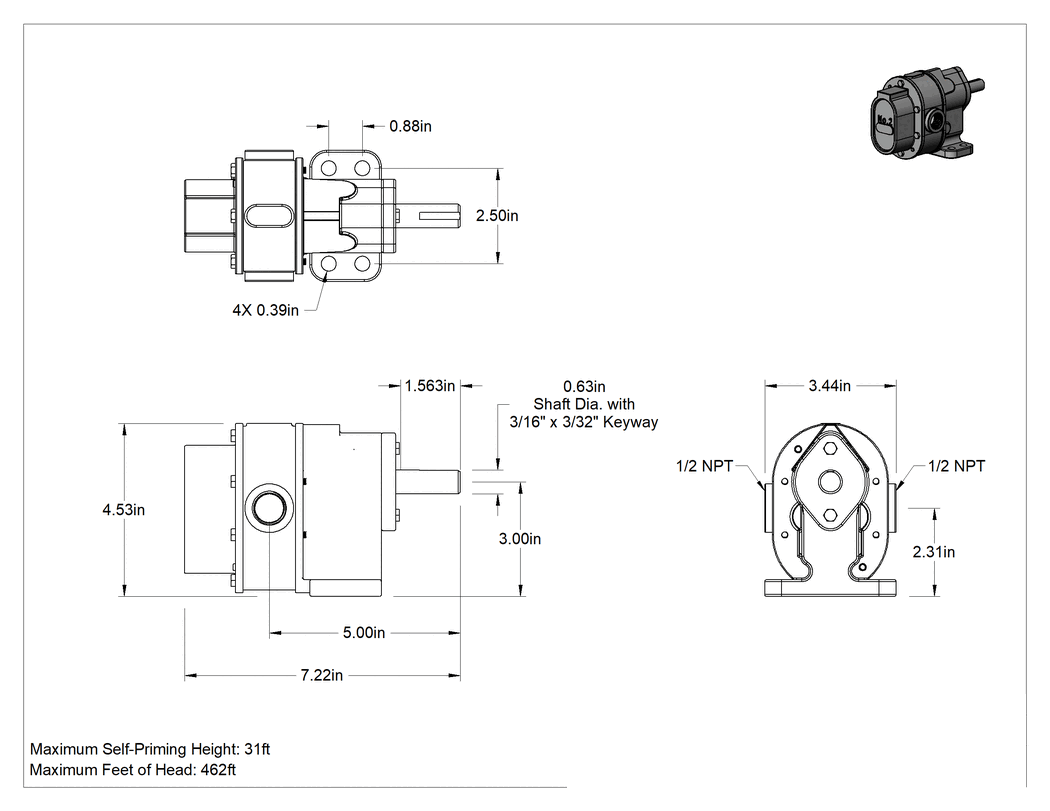 Teknik Çizim - Yağ için Sabit Akış Hızlı Dişli Pompa, Motorsuz, 8.9 gpm Maksimum Akış Hızı @ 25 PSI