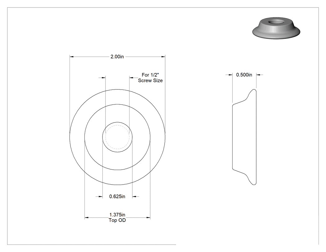 Teknik Çizim - Eğimli Pullar, 1/2" Vida Boyutu için, 0.625" İç Çap, 2.000" Dış Çap