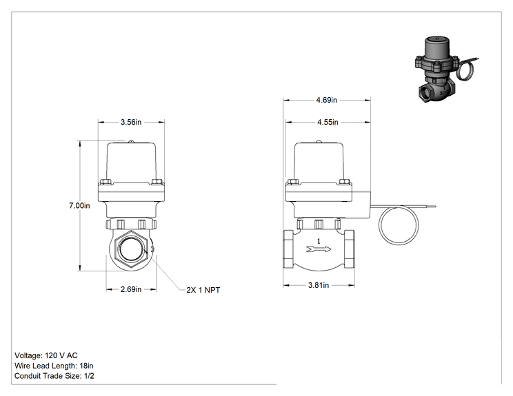 Teknik Çizim - Bronz Tehlikeli Ortamlar için Solenoid Açma/Kapama Vanası, Normalde Kapalı, 120V AC, 1 NPT Dişi
