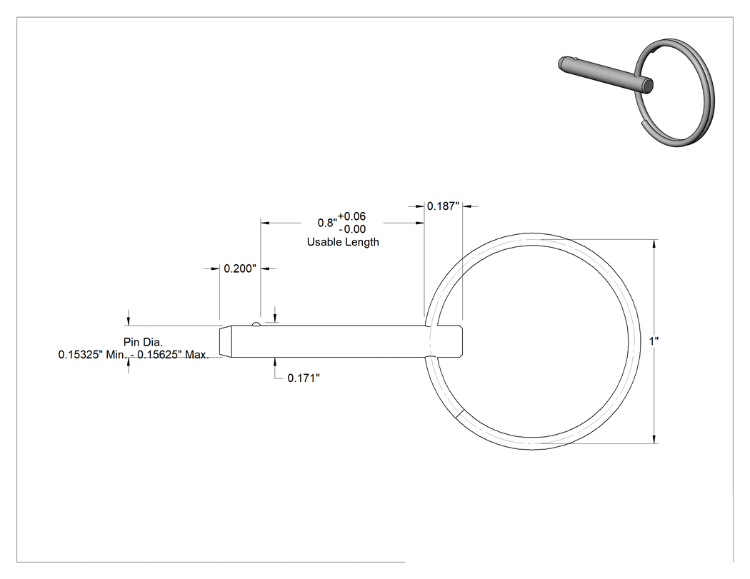 Teknik Çizim - 18-8 Paslanmaz Çelik Halka Saplı Hızlı Açma Pimi, 5/32" Çap, 13/16" Kullanılabilir Uzunluk