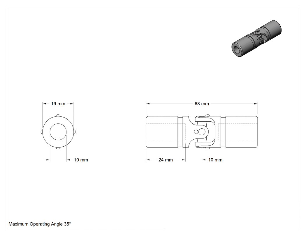 Teknik Çizim - Paslanma ve Aşınmaya Dayanıklı Tekli U-Mafsal, Yüksek Hızlı, 10 mm Çap x 24 mm Derinlikte Mil için