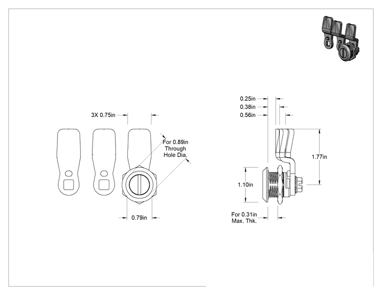 Teknik Çizim - Yıkama Kam Kilidi, Siyah, 1/4", 3/8", 9/16" Mesafe