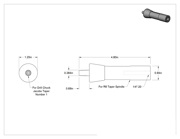 Teknik Çizim - R8 Konik - Jacobs Konik Matkap Mandreni Mil Adımları, Ekonomi, Jacobs Konik No. 1 için, 4-13/16" Toplam Uzunluk