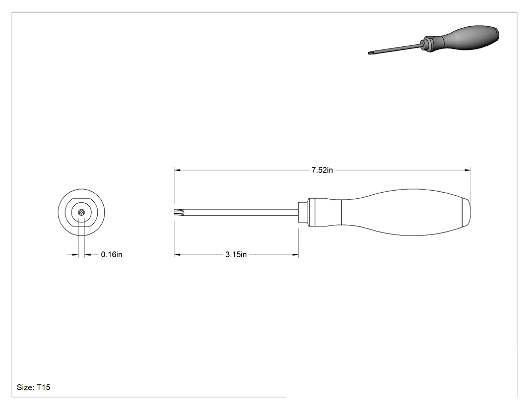 Teknik Çizim - Kurcalamaya Dayanıklı Torx Tornavida, Ultra Grip, T15 Tahrik Boyutu