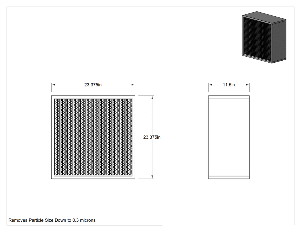 Teknik Çizim - HEPA Kutu Hava Filtresi, Sunta Çerçeve, 11-1/2" Kalınlık, 23 3/8 x 23 3/8 Boyut