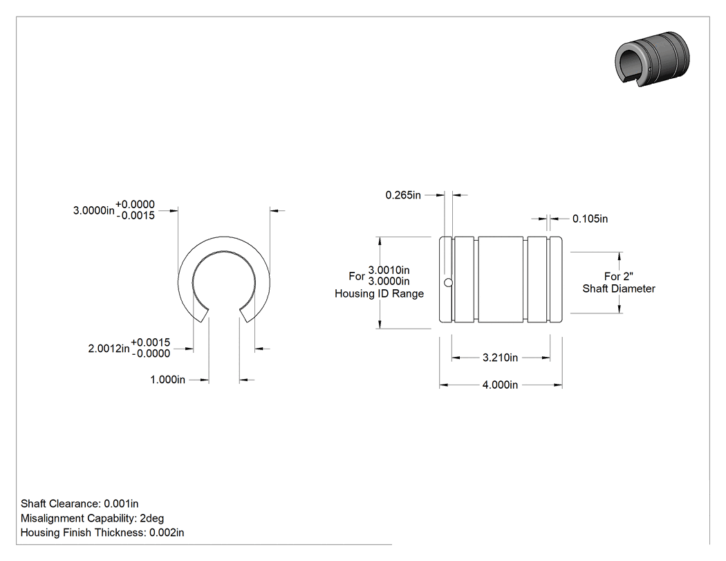 Teknik Çizim - Kendinden Hizalamalı Manşonlu Lineer Rulman, 2" Çaplı Destek Rayı Milleri için