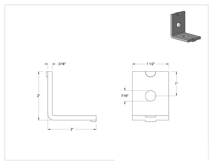 Teknik Çizim - Cıvatalı Çerçeveleme için 2" x 2" Uzunlukta Çinko Kaplı Çelik Köşe Braketi