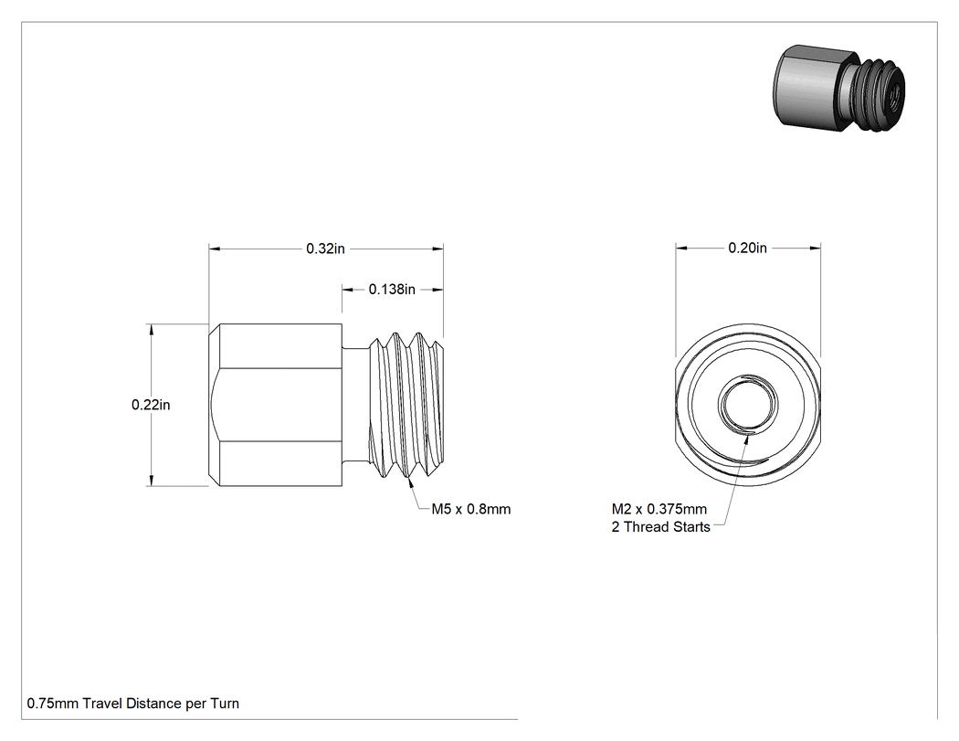 Teknik Çizim - Somun, M2 x 0.4 mm Diş, Hızlı Hareketli Ultra Hassas Kılavuz Vida için 2 Diş Başlangıcı