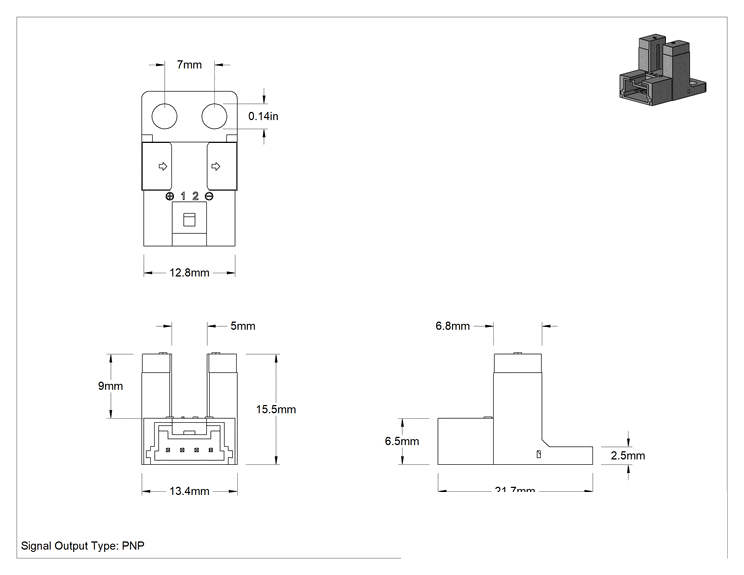 Teknik Çizim - Minyatür Kolay Kurulumlu Fotoelektrik Anahtar, 4 Kutuplu Düz Bıçaklı Fişli, PNP, 22 mm Genişlik, 13 mm Yükseklik