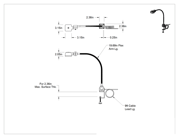Teknik Çizim - Her Yöne Uygun Makine Işığı, Kelepçeli Montaj Parçası, 19-5/8" Kol Uzanma Mesafesi, 24V DC