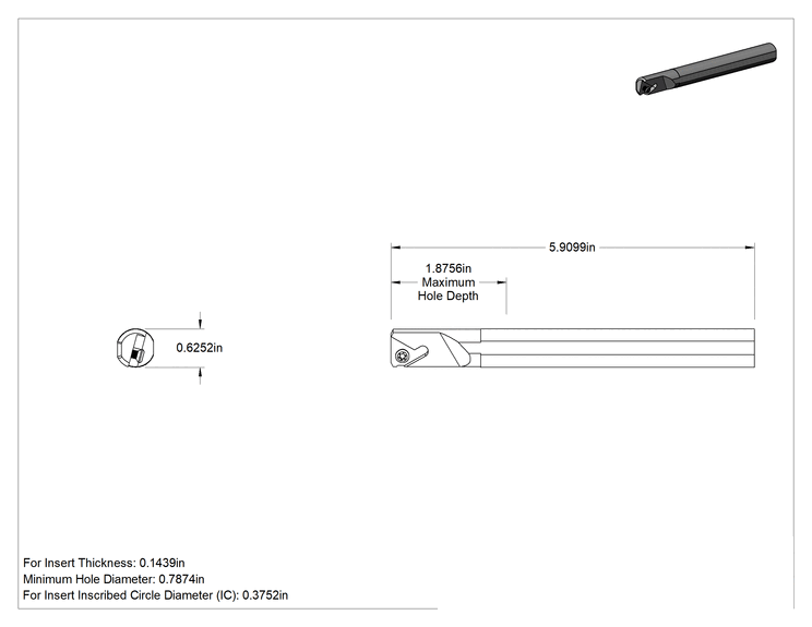 Teknik Çizim - Yatay İç Diş Açma Ucu Tutucusu, Tutucu Kodu Sinr, 5/8" Şaft Çapı
