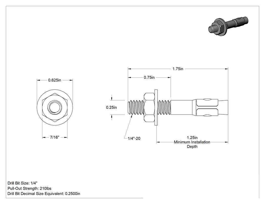 Teknik Çizim - Beton için 316 Paslanmaz Çelik Kamalı Dübel, 1/4" Çap, 1-3/4" Uzunluk