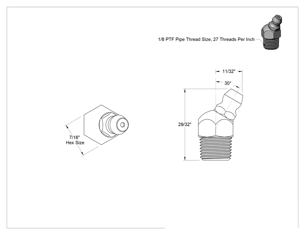 Teknik Çizim - 303 Paslanmaz Çelik Gres Bağlantı Parçası, Düz, 29/32" Toplam Yükseklik