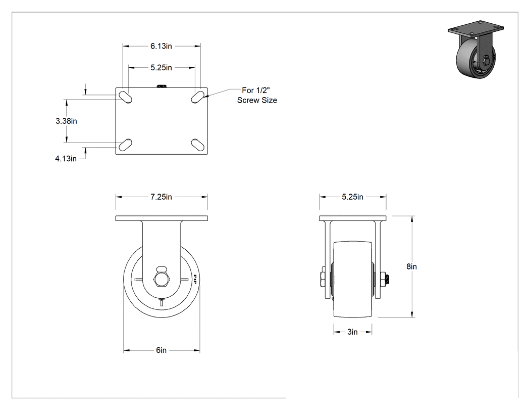 Teknik Çizim - Sure-Fire Tekerlek, Sabit, 6" x 3" Demir Tekerlek Üzerinde Kauçuk, 680 lb Kapasite